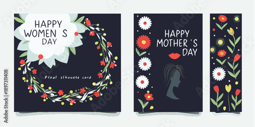 Floral cards celebrating women s and mother s day with decorative elements