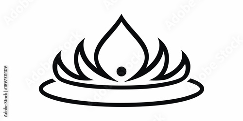 Stylized black and white illustration of a lotus flower with a central seed