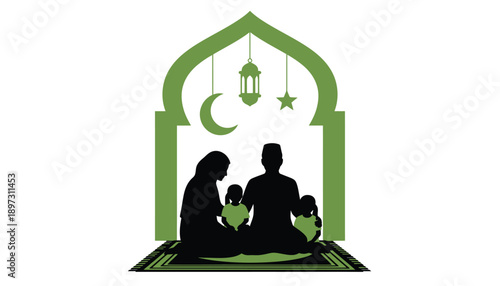 Muslim Family Praying Together in Serene Green Archway with Crescent Moon and Stars in Soft Minimalist Illustration for Ramadan Greeting