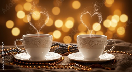 Two white teacups with heart shaped steam on saucers with beads and bokeh background