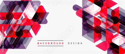 Abstract geometric shapes overlap, creating vibrant pink, purple hues. Modern design elements suggest technology, innovation. Clean white space balances composition.
