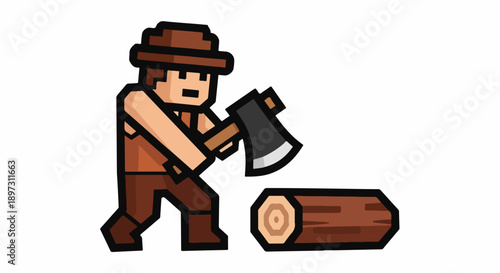 Pixel art lumberjack with axe chopping wood log, retro game style illustration, isolated on white background
