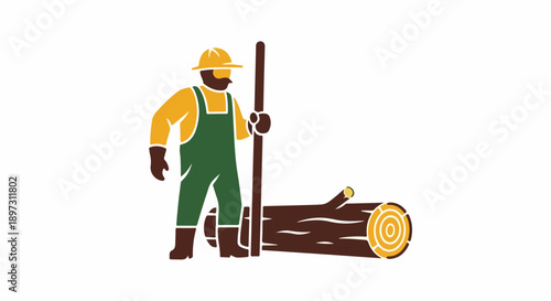 Lumberjack in overalls and hard hat holding a pole next to a log, vector illustration