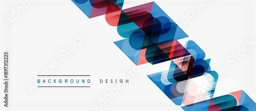 Abstract geometric shapes overlap, creating dynamic visual texture. Blue, red, green hues dominate white background. Modern design element.