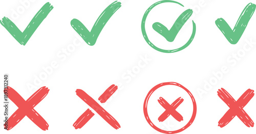 Hand-drawn check and cross marks set for approval and rejection symbols