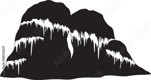 Black mountain range with white icicles on solid background