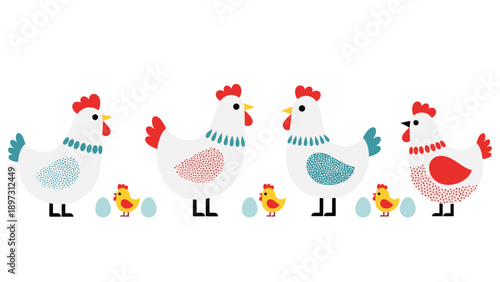 Charming illustration of four white hens with red combs accompanied by small yellow chicks and blue eggs in a flat folk art style design.