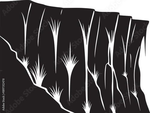 Minimalist black and white illustration of grassy hillside landscape