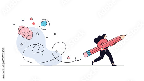 Dynamic illustration of a creative woman running while carrying a giant pink pencil leaving a trail of stars, swirls, and a brain icon.