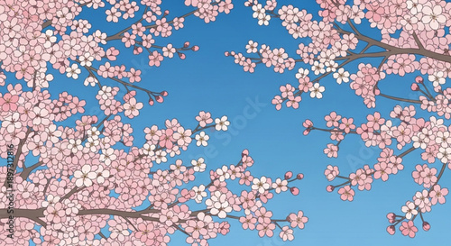 Vibrant pink cherry blossoms on tree branches against a clear blue sky symbolizing spring and renewal in a serene natural setting