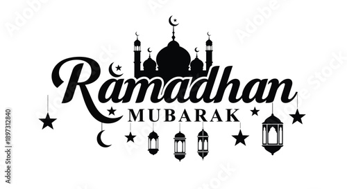 Ramadhan mubarak greeting with mosque silhouette and lanterns
