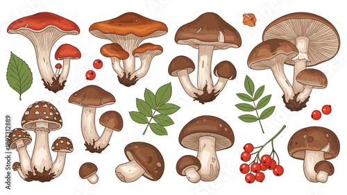 Educational collection of various forest mushrooms, green leaves, and red rowan berries illustrated in a detailed vintage botanical style.