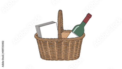 Classic brown wicker picnic basket containing a stack of white plates or napkins and a bottle of red wine with a green glass body.