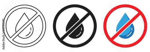 No water drop vector icon, featuring black and blue water drop symbols in circular design, perfect for waterproof surface warnings, safety signage, product labels, instruction manuals