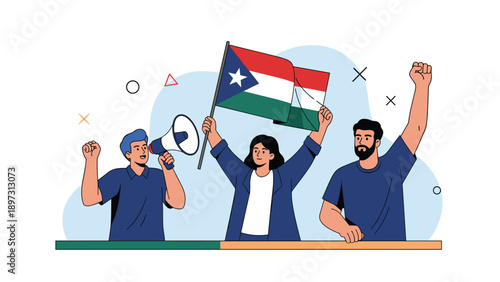Group of three activists protesting with a megaphone, a raised fist, and a waving red, white, and green flag with a blue star canton.
