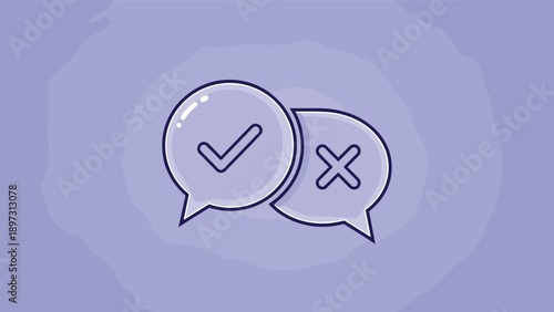 Minimalist illustration of a check mark and a cross symbol inside purple speech bubbles representing choice, feedback, or voting.