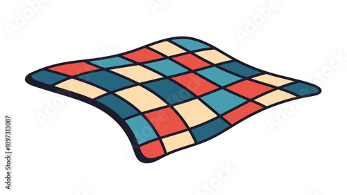 Graphic illustration of a colorful checkered picnic blanket with squares in red, navy blue, teal, and beige, shown from an angle.