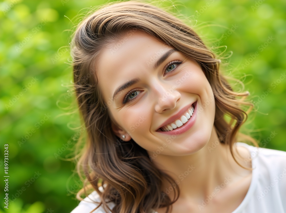 Fototapeta premium Portrait of a happy young woman smiling with perfect teeth. Close up of an attractive female face with natural skin outdoors. Green blurred background