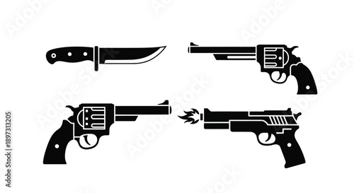 Weapons collection featuring a knife and revolvers black and white silhouette