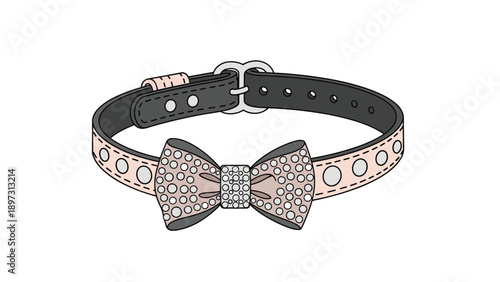 Stylish black and pink pet collar featuring a large bow embellished with sparkling silver rhinestones or studs for a pampered dog or cat.