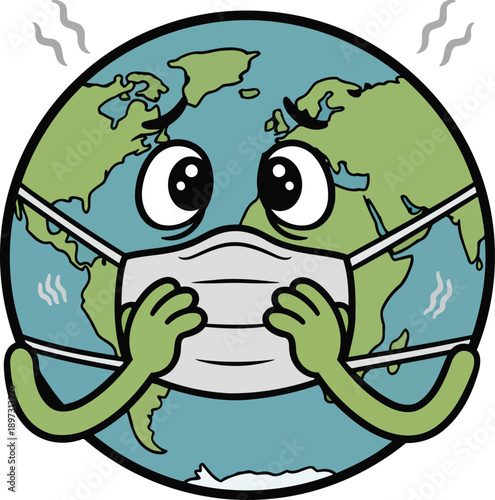 Sad Earth Wearing Protective Face Mask, Global Health and Pandemic Awareness Cartoon Vector Illustration