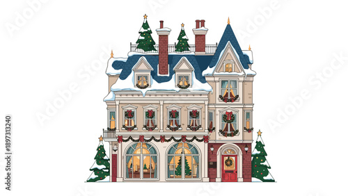 Magnificent grand Victorian-style townhouse beautifully decorated for Christmas with festive wreaths, lights, and snowy pine trees.