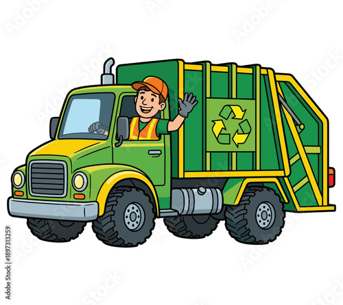 A cheerful garbage truck driver waves from his truck, promoting recycling and environmental protection. The truck is filled with recycling symbols