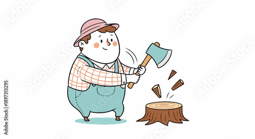 Charming cartoon lumberjack character in overalls and hat, skillfully chopping a tree stump with an axe, isolated vector illustration.