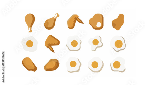 Minimal fried chicken and eggs vector food set in modern flat illustration style