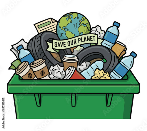 A green waste bin overflowing with trash and a globe, a call to environmental action. The bin contains tires, paper, bottles and coffee cups, symbolizing pollution and the need for conservation