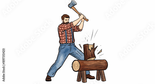 Cartoon lumberjack man chopping wood with an axe, illustrating hard work, manual labor, and traditional forestry skills on a white background.