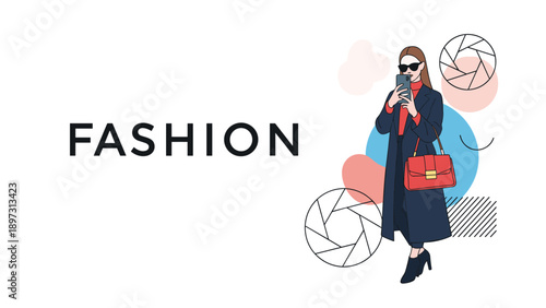 Fashionable woman in a long navy coat and red turtleneck taking a mirror selfie with her smartphone against an abstract graphic backdrop.