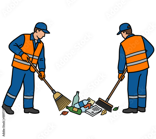 Two sanitation workers diligently sweeping and tidying up litter, showcasing community cleanliness. This illustrates a commitment to environmental care and the importance of maintaining tidy spaces. 