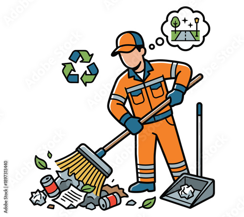 A sanitation worker is cleaning up litter, with a thought bubble of a clean street and recycle symbol in the scene