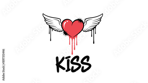 Romantic street art style graphic of a red dripping heart with white angel wings above the word kiss in a bold black marker font.