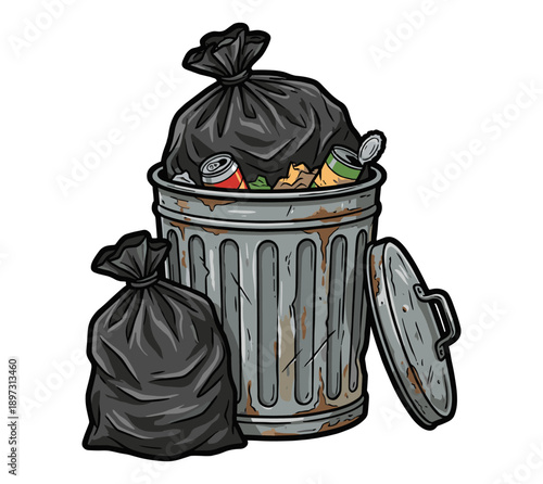 An illustration of a full garbage can with bags of trash beside it, emphasizing waste disposal