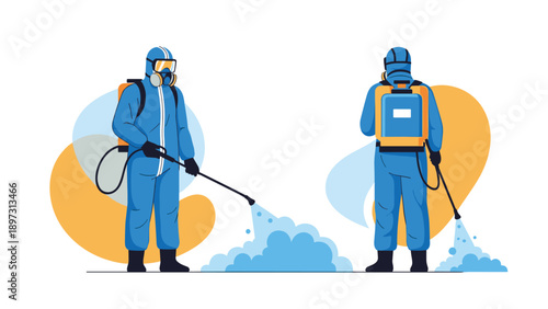 Two professional workers in blue hazmat suits and gas masks spraying disinfectant spray to clean and sanitize a public space or room.