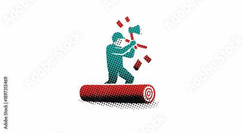 Woodsman chopping wood on a log with an axe, illustration with a retro pixel art style and white background