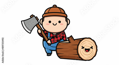 Cute cartoon lumberjack with axe and happy log, isolated on white background, kawaii style illustration