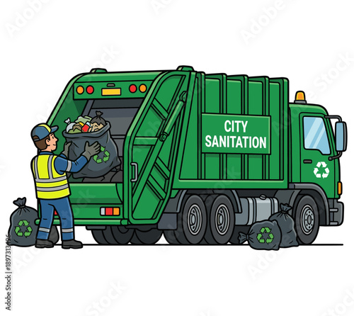 A sanitation worker diligently loading waste into the sanitation truck, promoting environmental protection
