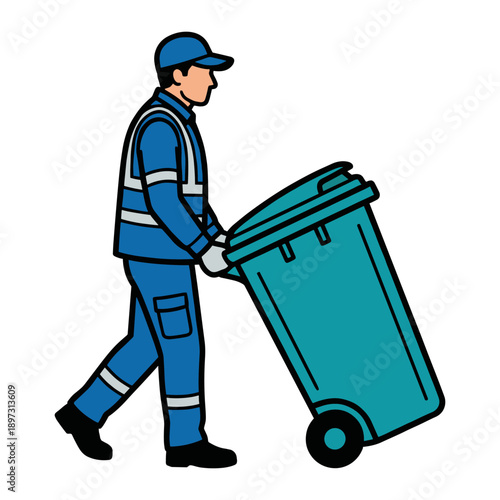 A waste collector is pulling a large, wheeled bin, the illustration captures the essence of waste management and environmental responsibility