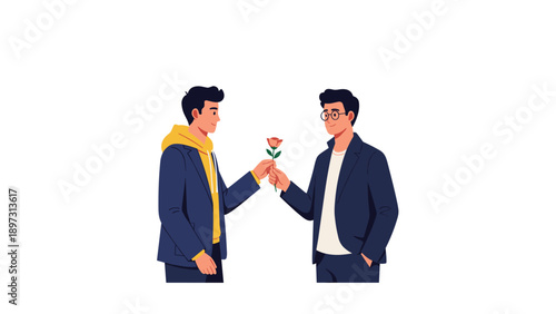 Romantic scene of one young man presenting a single red rose to another man as a gesture of love and affection between them.