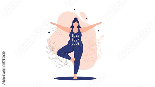 Woman practicing yoga tree pose with arms outstretched alongside an empowering message to love your body for self-acceptance.