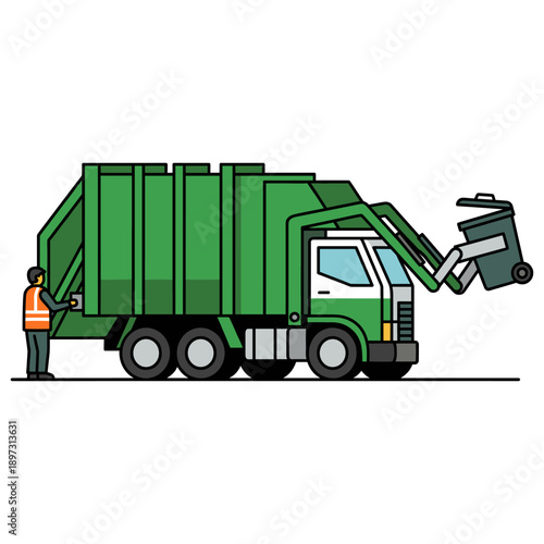 A garbage truck operating with a worker in action. The scene showcases an illustration of a waste management process