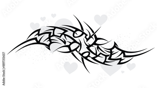Intricate black tribal tattoo pattern featuring sharp lines and curved shapes set against a subtle background of gray hearts.