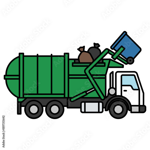 Garbage truck collecting trash and waste from a bin. The truck is green and white, while the bin is blue, the bags are black and brown