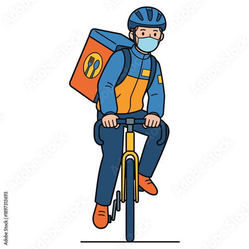 A delivery person on a bicycle with a food bag, representing the concept of food delivery service. The person wearing a helmet and mask, highlighting the importance of safety