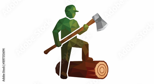 Lumberjack silhouette with axe and log, geometric low poly style, symbolizing forestry, woodcutting, and outdoor work.