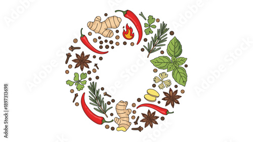 Circular arrangement of various culinary spices including red chili peppers, fresh ginger, rosemary sprigs, and black peppercorns.