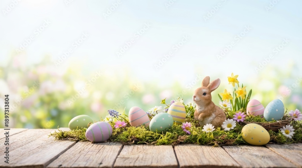 Fototapeta premium Happy easter 2026 celebration banner with pastel wicker eggs and bunny in clean april nature environment